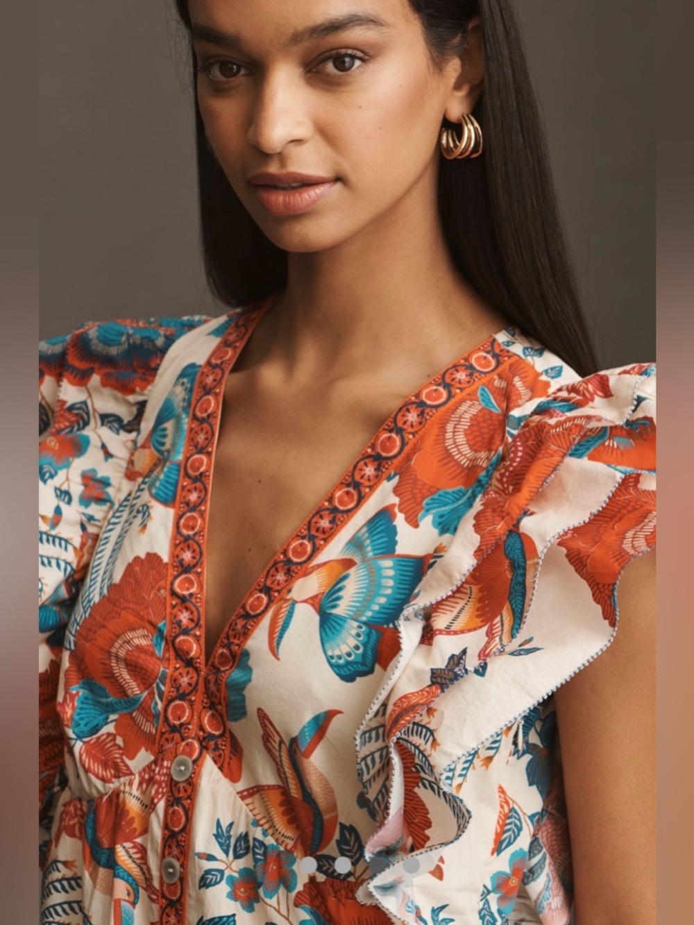 Farm rio for Anthropologie Floral Ruffle Mini Dress in Teal & Coral - Picture 4 of 6